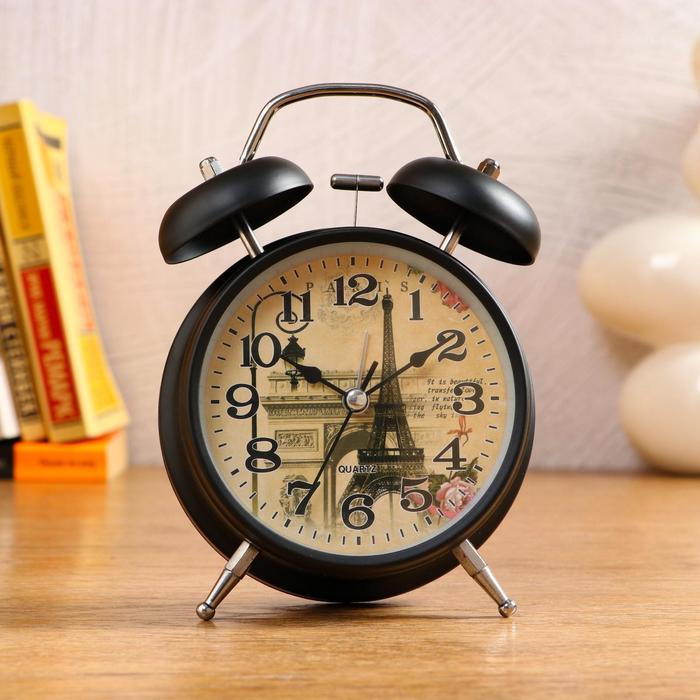 Будильник черный с подсветкой, на циферблате Jardin, 2 звоночка, стрелки светятся, микс