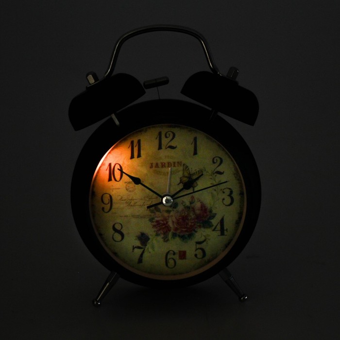 Будильник черный с подсветкой, на циферблате Jardin, 2 звоночка, стрелки светятся, микс