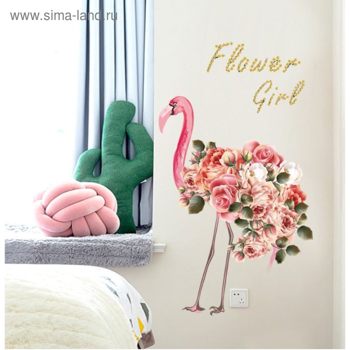 Наклейка пластик интерьерная Фламинго с розами на хвосте 50х70 см цена и фото