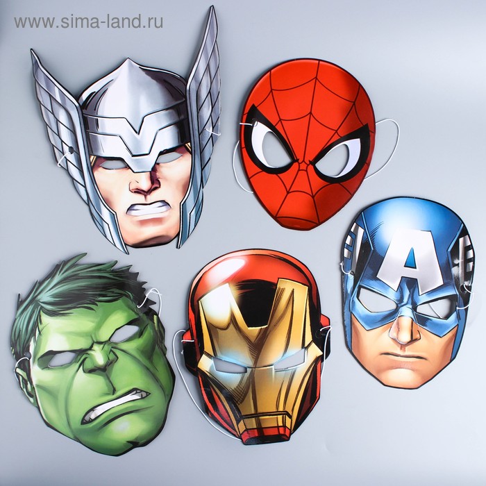 Набор карнавальных масок Супергерои, 5 штук, Мстители набор мягких игрушек мстители супергерои 5 штук 45 см