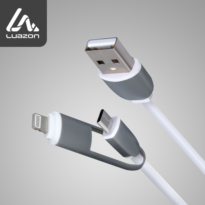 Кабель 2 в 1 LuazON, microUSB/Lightning - USB, 1 А, 0,9 м, плоский, белый