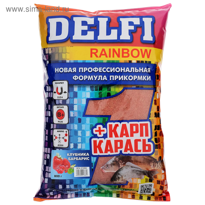 Прикормка DELFI Rainbow, карп-карась клубника, барбарис, красная, 800 г