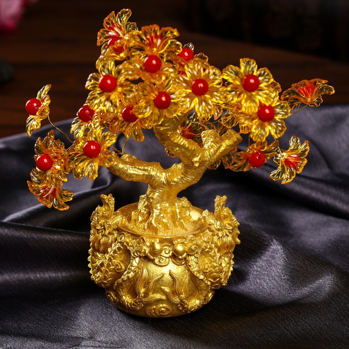 Сувенир бонсай Цветочное денежное дерево в мешке со львами 35 цветов 18х18х7,5 см