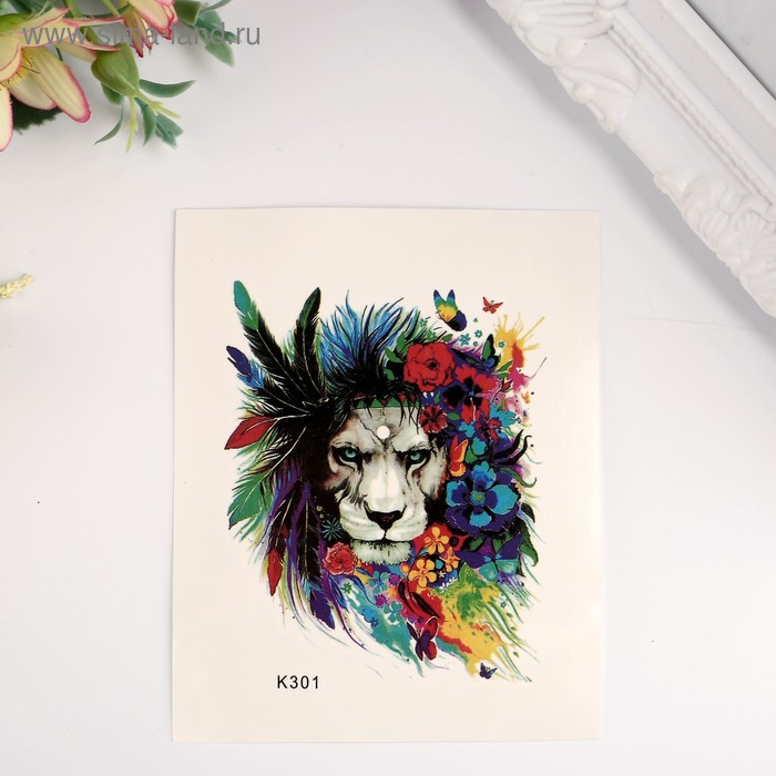 Татуировка на тело цветная Лев в цветах 10х8 см