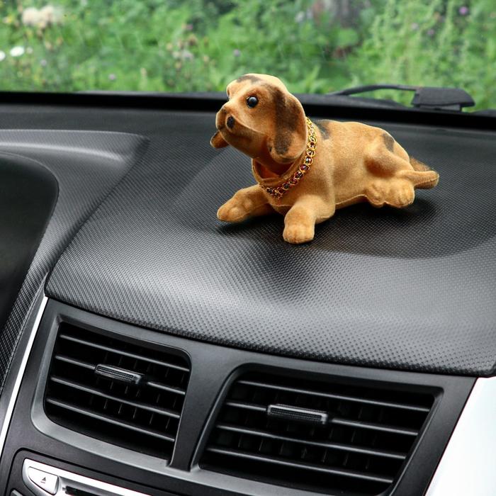 Собака на панель авто, качающая головой, большая, бежевый окрас