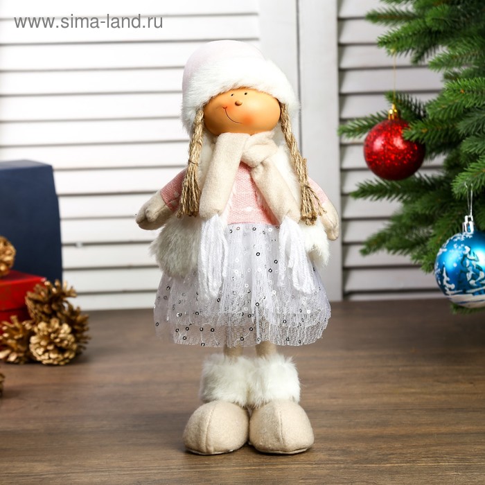 Кукла интерьерная Девочка в юбке с пайетками, белой жилетке и розовом колпаке 48х10х15см кукла интерьерная ангелочек еся в белом меховой юбке в розовом колпаке 39х7х18 см