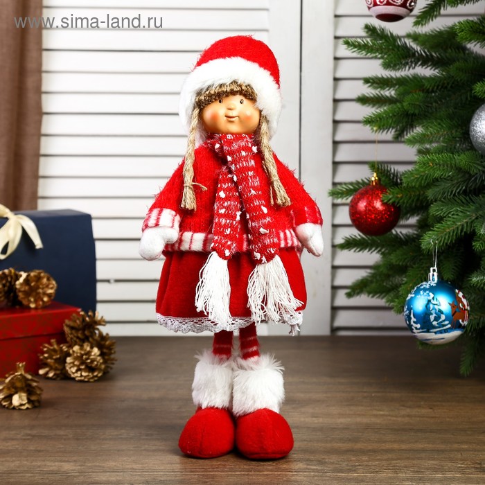 Кукла интерьерная Девочка Валя в красном наряде, в шапке с бомбошкой 38х12х17 см