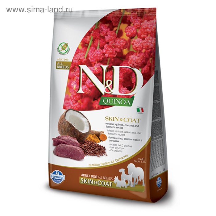 

Беззерновой корм Farmina N D Dog для собак, оленина/киноа, для здоровья кожи и шерсти, 2.5кг