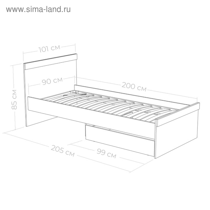 фото Кровать юниор с 2мя ящиками 2052х1010х850 белая аляска/графит