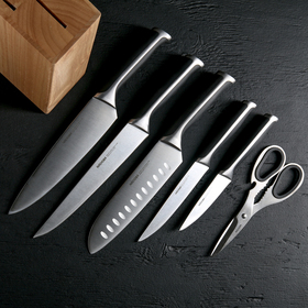 Набор кухонный Ursa, 6 предметов: 5 ножей 10 см, 14 см, 17,5 см, 20 см, 20 см, ножницы, универсальный блок с ножеточкой, цвет чёрный от Сима-ленд
