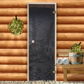 Дверь для бани и сауны стеклянная 'Мишки'  190×70см, 6мм, бронза Ош