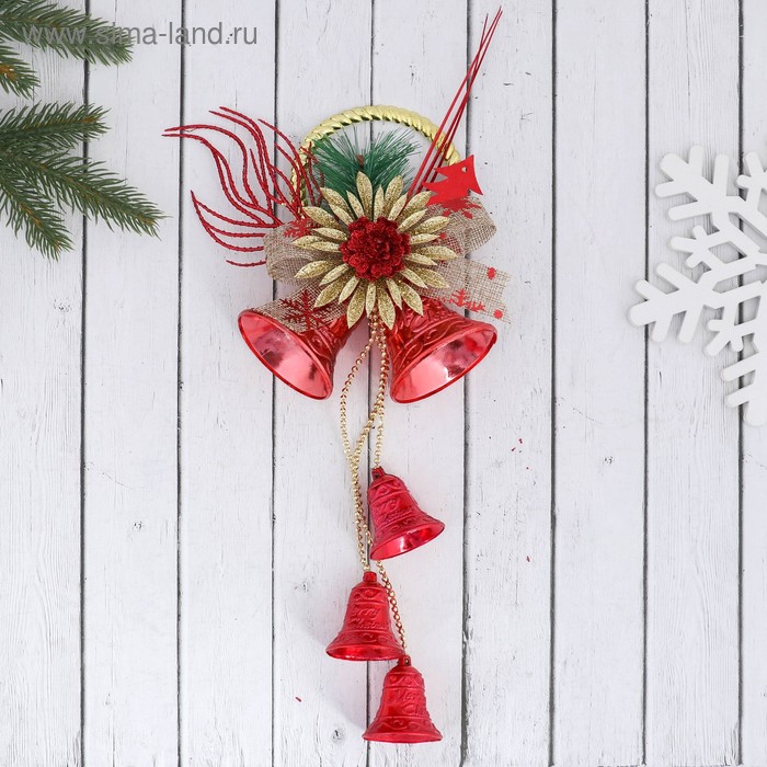 фото Украшение новогоднее "колокольчики на кольце с цветком и бантиком" 12х30 см, красный зимнее волшебство