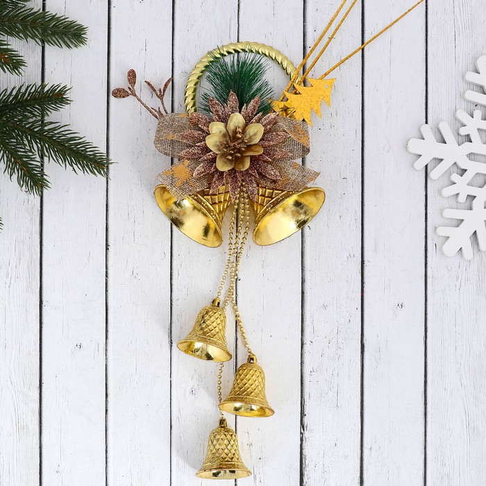 Украшение новогоднее "Колокольчики на кольце с цветком и бантиком" 12х30 см, золотой