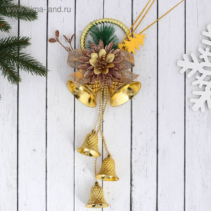 Украшение новогоднее Колокольчики на кольце с цветком и бантиком 12х30 см, золото