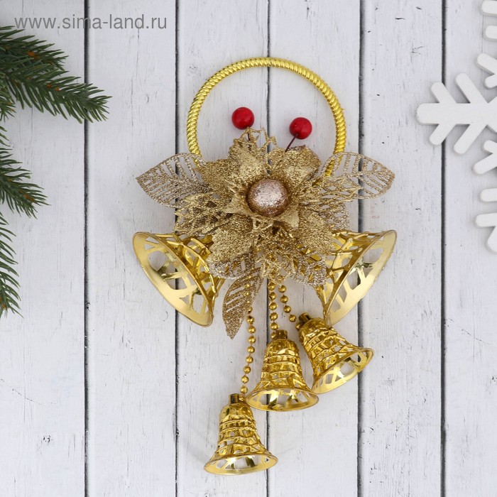 фото Украшение новогоднее "колокольчики на кольце с цветочком и ягодами" 12х22 см, золото зимнее волшебство