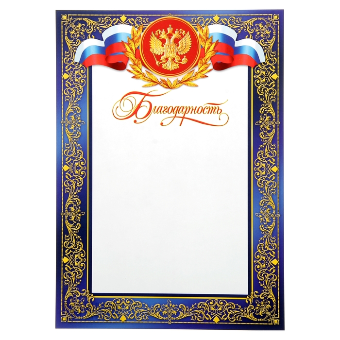 Благодарность "Универсальная" символика РФ, синяя рамка, узоры