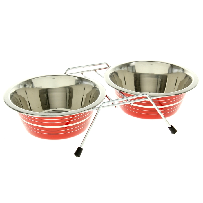 Набор: миска двойная цветная с полосой на подставке, VM-3000(C), 2 х 700 мл, микс
