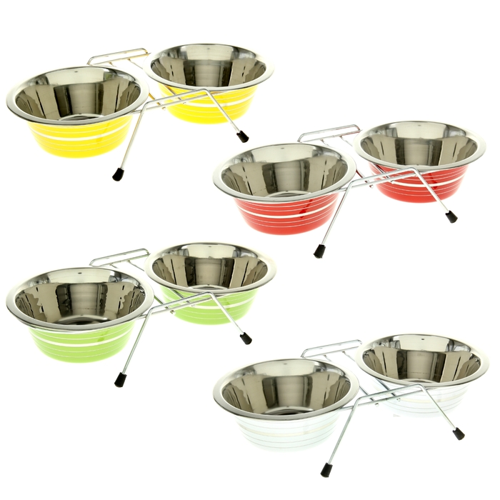 Набор: миска двойная цветная с полосой на подставке, VM-3000(C), 2 х 700 мл, микс