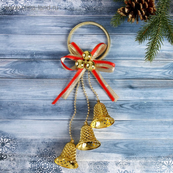 фото Украшение новогоднее "три колокольчика на кольце с бантиком и бусинами" 8,5х25 см, золото зимнее волшебство