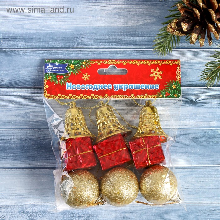 фото Набор украшений пластик 9 шт "гранд" (3 шара, 3 подарка, 3 колокольчика) красно-золотой зимнее волшебство