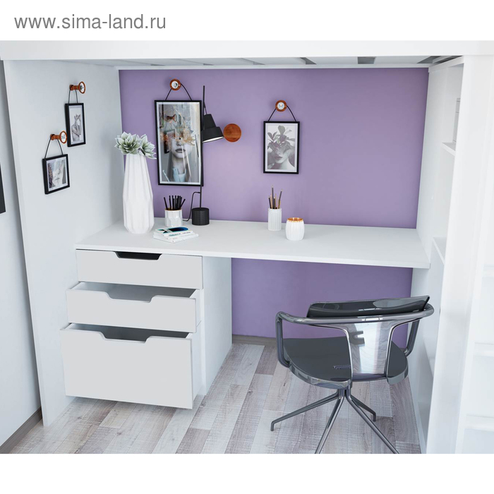 Кровать-чердак Polini kids Simple, с письменным столом и шкафом, цвет белый МДФ