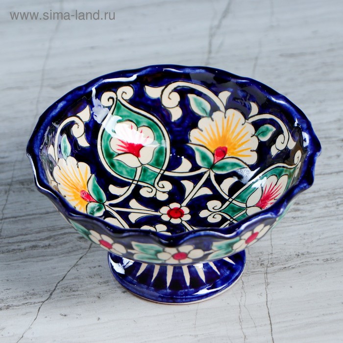Конфетница Риштанская Керамика Цветы, 13 см, синяя