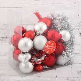 

Набор украшений пластик с верхушкой 50 шт "Праздник" мишура и бусы, серебро, красный