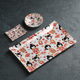 Набор для суши из стекла Доляна «Саката», 3 предмета: соусники 8×2 см, 8×6 см, подставка 25×15 см Ош