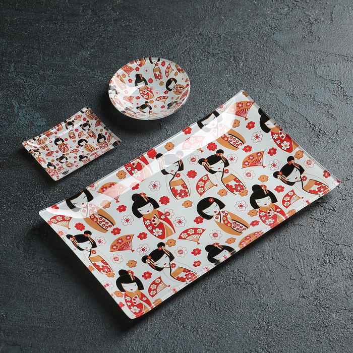 Набор для суши из стекла Доляна «Саката», 3 предмета: соусники 8×2 см, 8×6 см, подставка 25×15 см