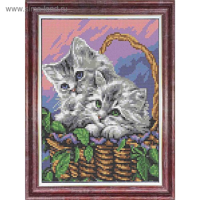 Ткань-схема на габардине для вышивки бисером и крестом «Мамы и их зверята. Котята в корзине» 45401