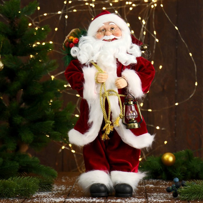 Дед Мороз В красной шубке, с фонарём 45 см