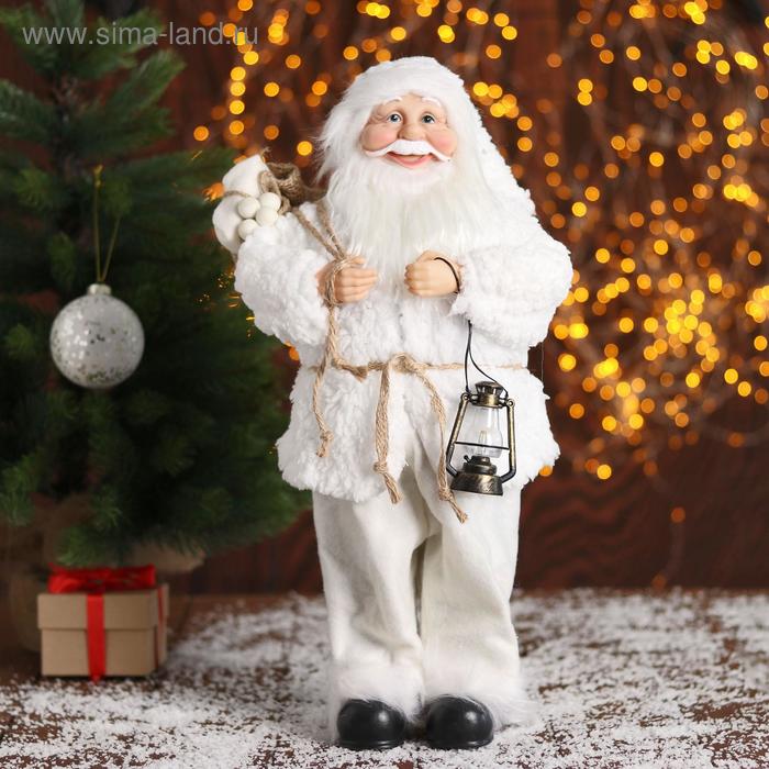 дед мороз в полосатом шарфе и с фонариком 44 см бело красный Дед Мороз В белой шубке, с фонариком 43 см