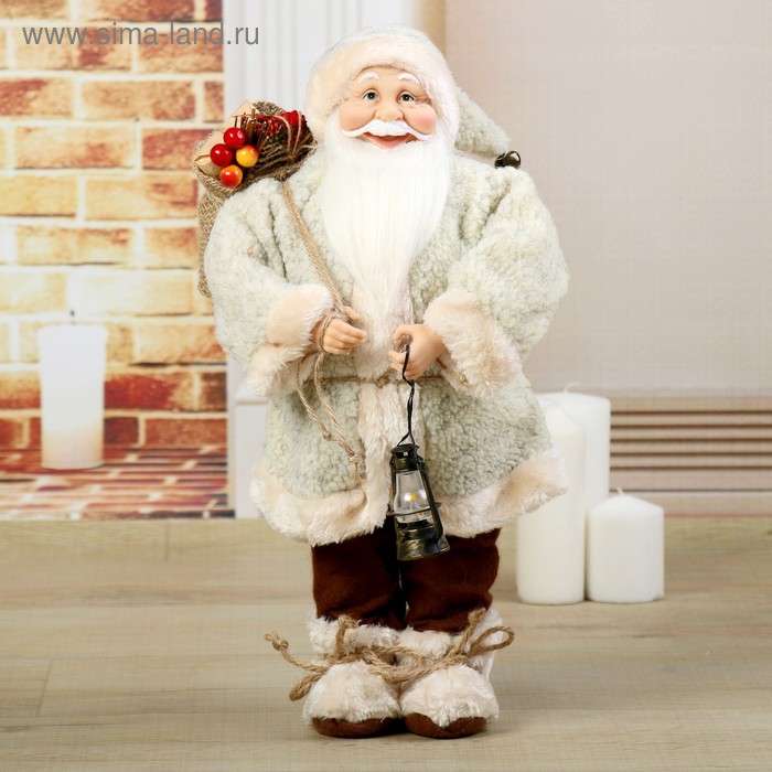 дед мороз в полосатом шарфе и с фонариком 44 см бело красный Дед Мороз В шубке, с фонариком и гостинцами 46 см