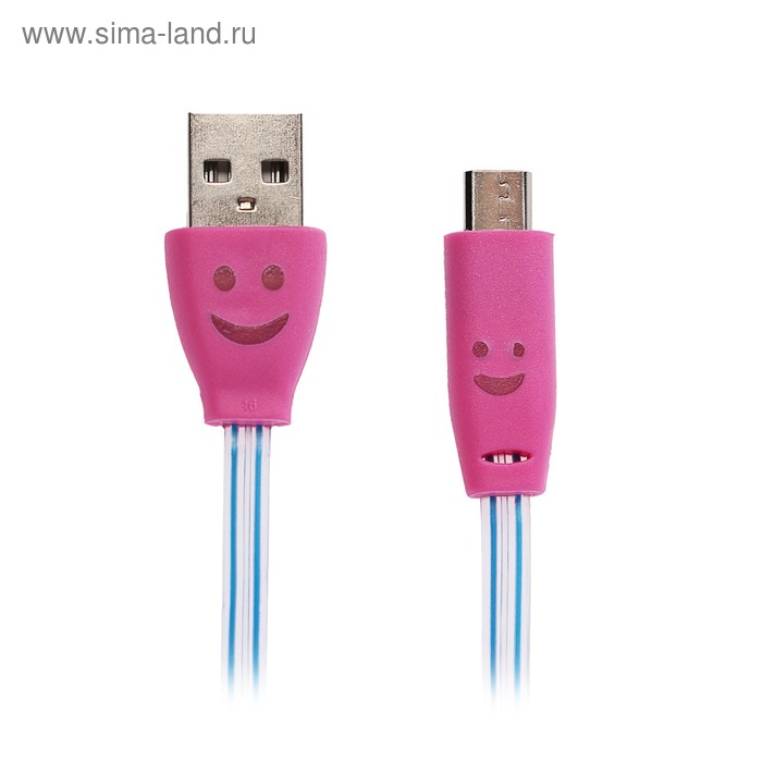 Кабель LuazON, microUSB - USB, 1 А, 1 м, плоский светящийся кабель, розово-синий