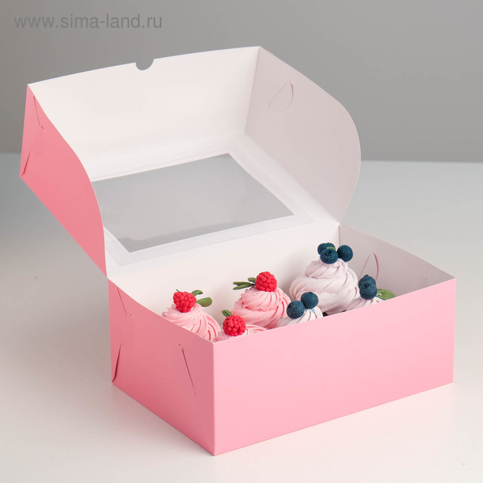 Коробка на 6 капкейков с окном, розовая, 25 х 17 х 10 см