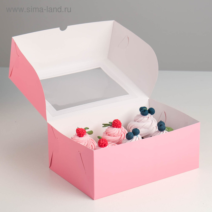 

Коробка на 6 капкейков с окном, розовая, 25 х 17 х 10 см
