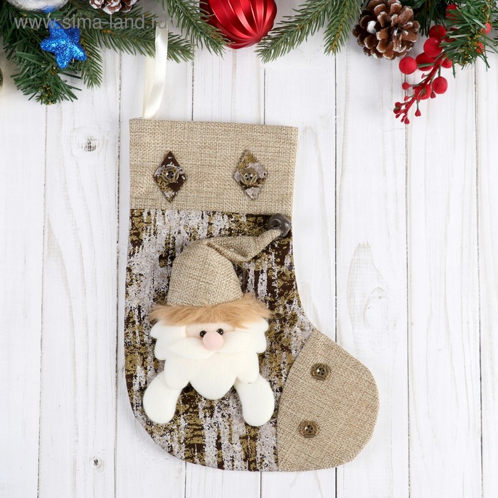 носок для подарков дед мороз блеск снежинка 13х16 см красно зелёный Носок для подарков Дед Мороз, берёзка 18х24 см, коричневый
