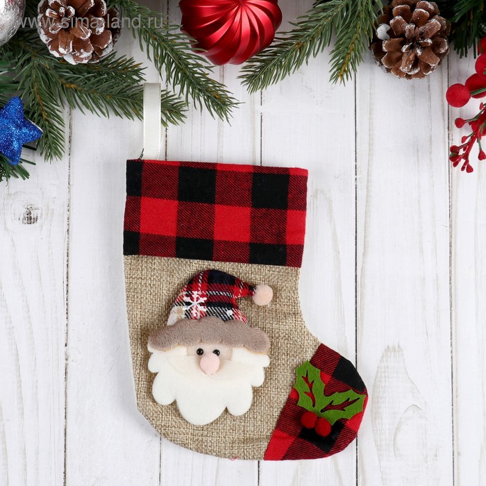 Носок для подарков Дед Мороз, остролист 12х15,5 см, красно-коричневый