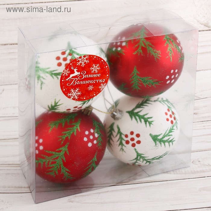 фото Набор шаров пластик d-8 см, 4 шт "еловые веточки" красный белый зимнее волшебство
