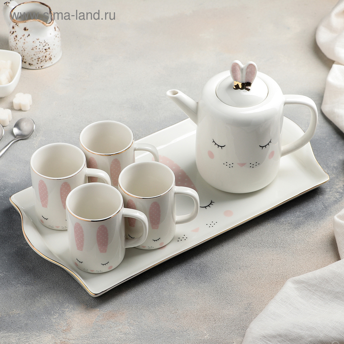Набор керамический чайный «Зайка», 6 предметов: 4 кружки 220 мл, чайник 900 мл, поднос