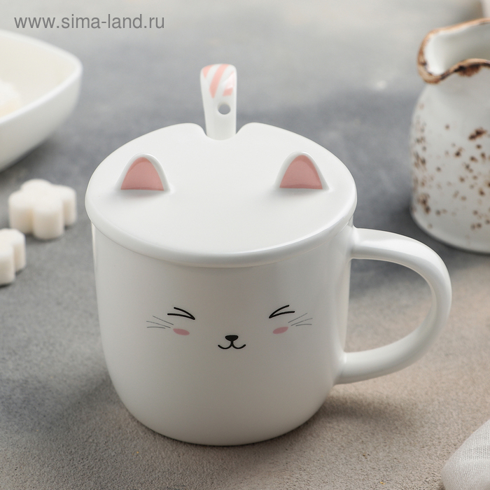 Кружка Cat, 380 мл, с керамической крышкой и ложкой, рисунок МИКС