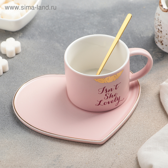 Чайная пара керамическая с ложкой «Поцелуй», 2 предмета: кружка 200 мл, тарелка 15,5×13,5 см, цвет МИКС