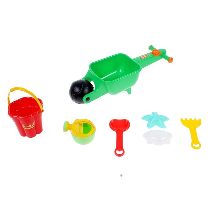 Песочный набор №337: тачка "Малыш", ведро-цветок, совок, грабли, формочки, цвета МИКС