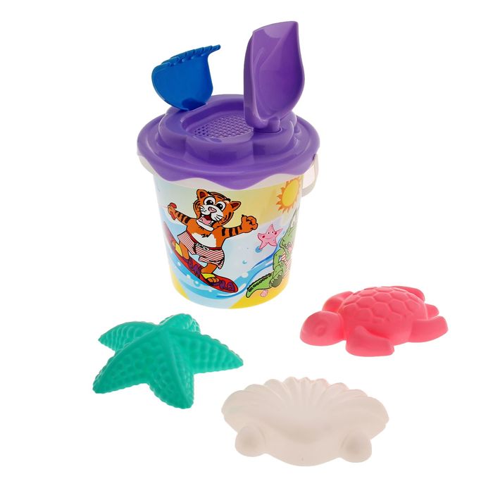 Песочный набор №357: ведро, ситечко "Солнышко", лопатка, грабельки, формочки 3 шт., цвета МИКС