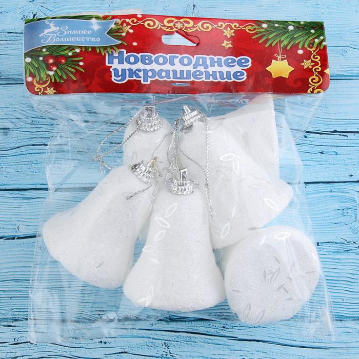 фото Украшение ёлочное "колокольчик с инеем и блёстками" (набор 6 шт) 4,5х5 см, белый зимнее волшебство