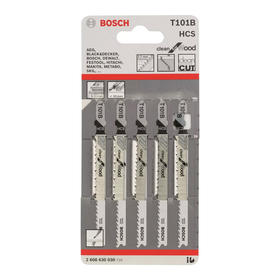 

Пилки для лобзика Bosch 2608630030, 5 шт., по дереву, 74/100 мм, шаг 2.7 мм, чистый рез