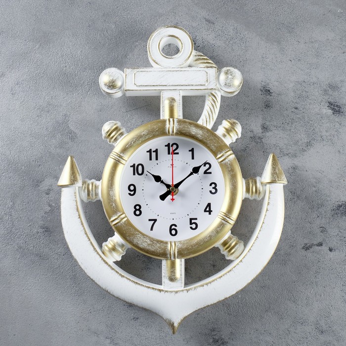 Часы настенные, серия: Море, "Якорь", плавный ход, d=39 см, бело-золотые