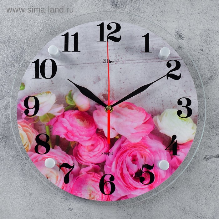 Часы настенные, интерьерные: Цветы, Розовые пионы, бесшумные, d-30 см