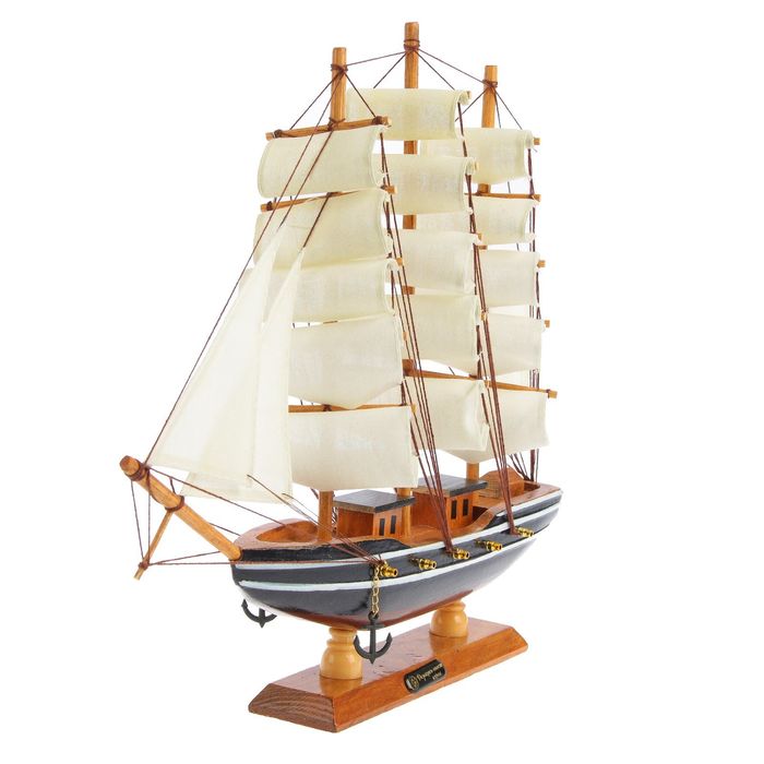 Корабль сувенирный средний «Трёхмачтовый», борта синие с белой полосой, паруса белые, 40 х 9,5 х 36 см