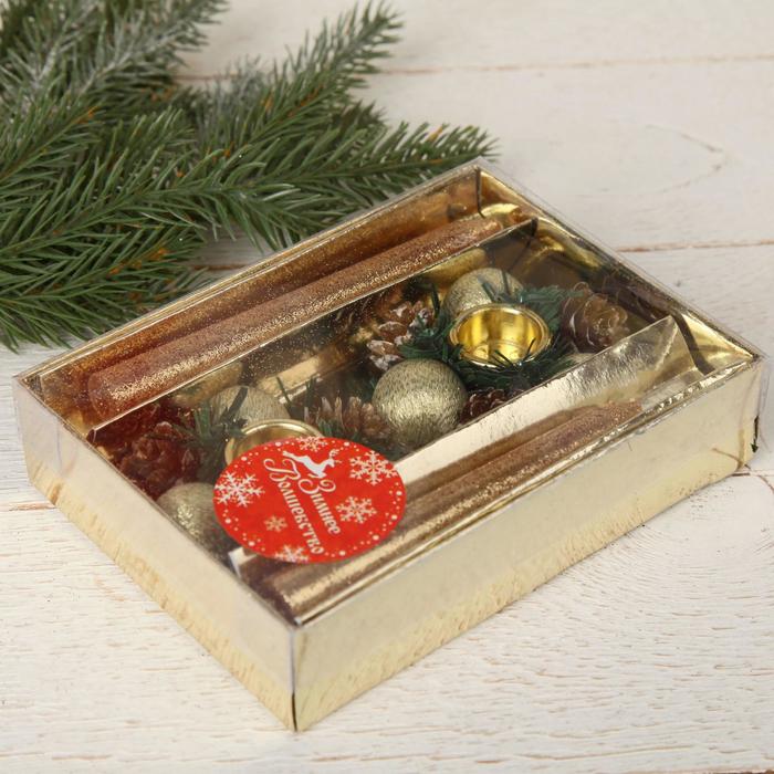 фото Свеча новогодняя с подсвечником "шишки и шарики" (набор 4 шт) 3,5х11х15 см, золото зимнее волшебство